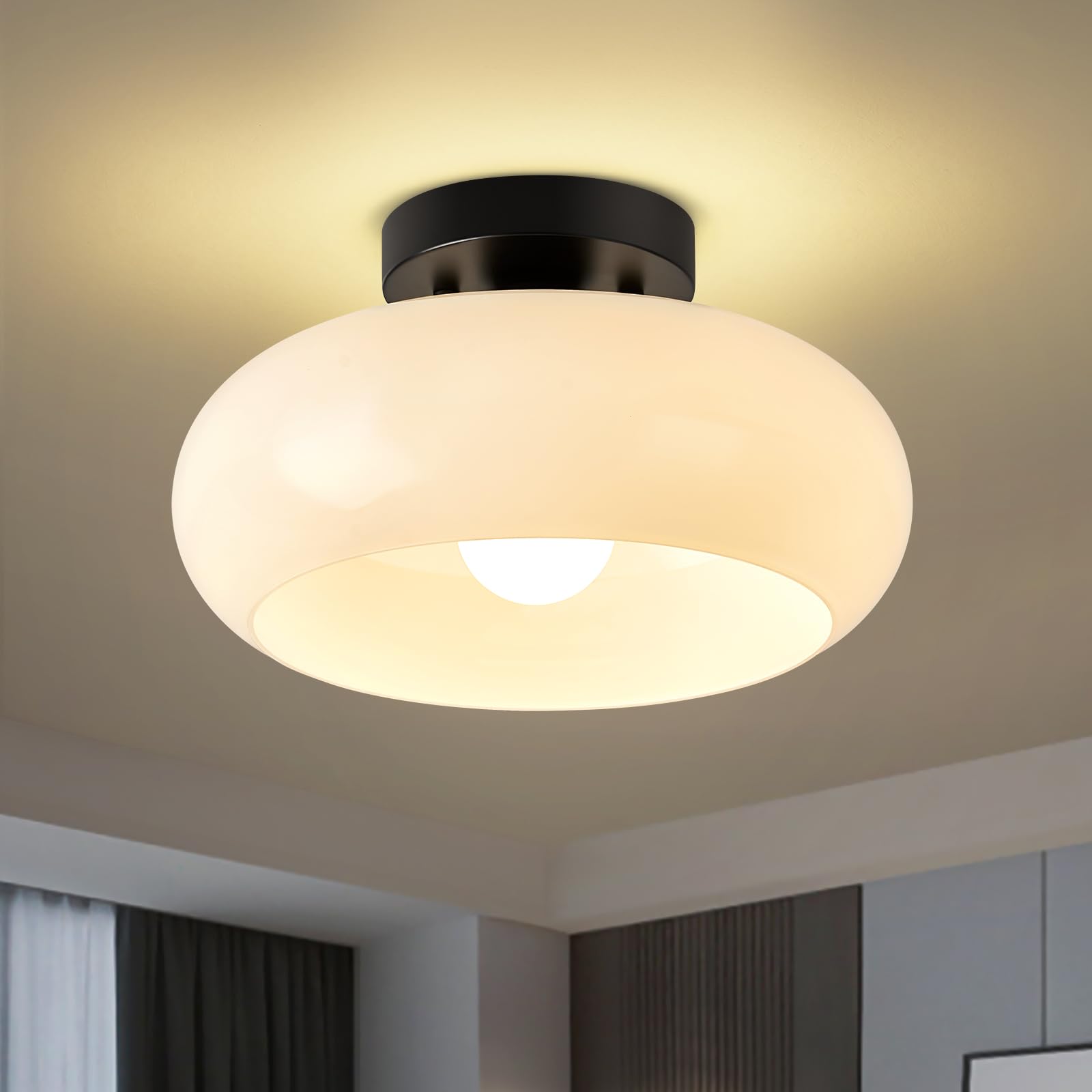 Mid-Century Modern Black Semi Flush Mount Ceiling Light,White Glass Dome Hallway Lighting Fixtures,Metal Close To Ceiling Lamp F