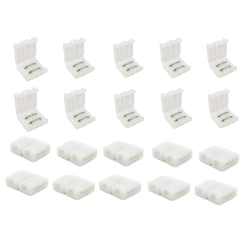 HUALAND 20PCS 2Pin LED Light Strip Connector - Box Adapter for 8mm 3528 SMD Strips - Metal - White