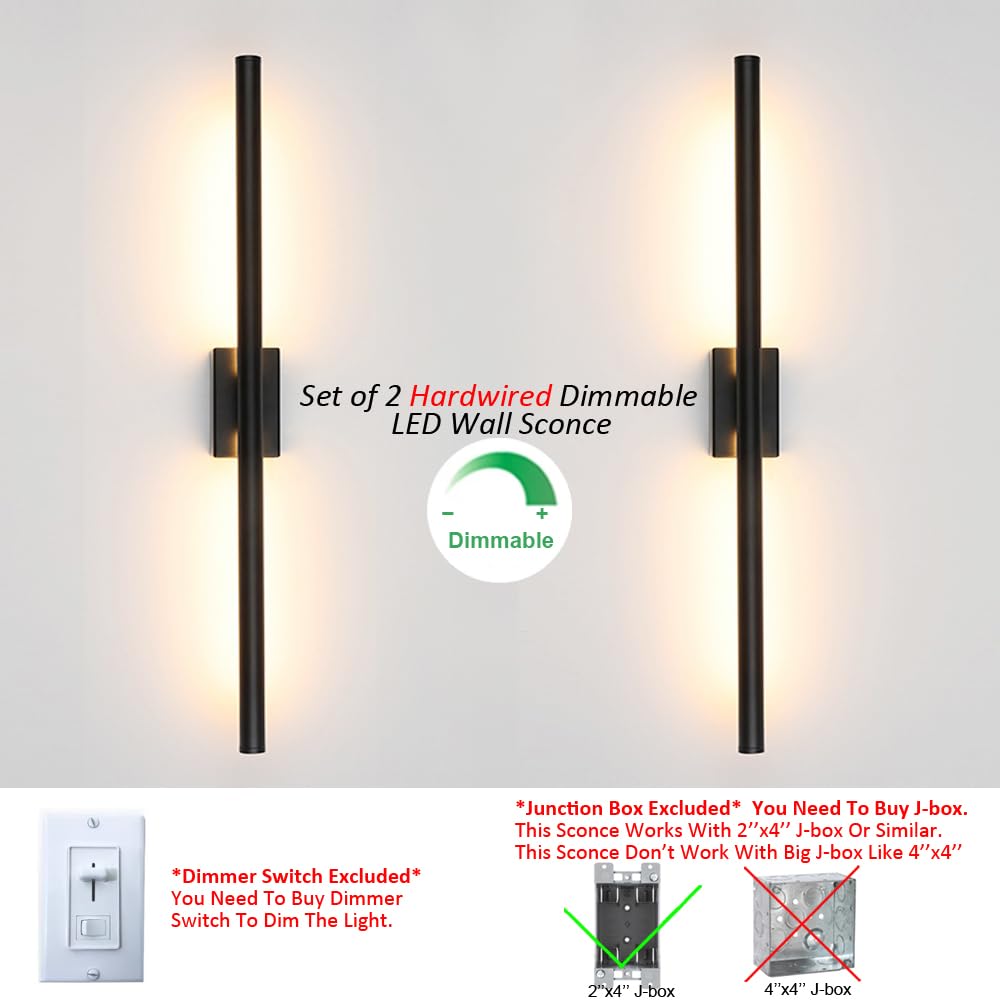 Reddragon Lighting Dimmable Black Tube Wall Sconce Set of 2, 24 Inch Iron Vanity Light for Bathroom, Living Room, Bedroom