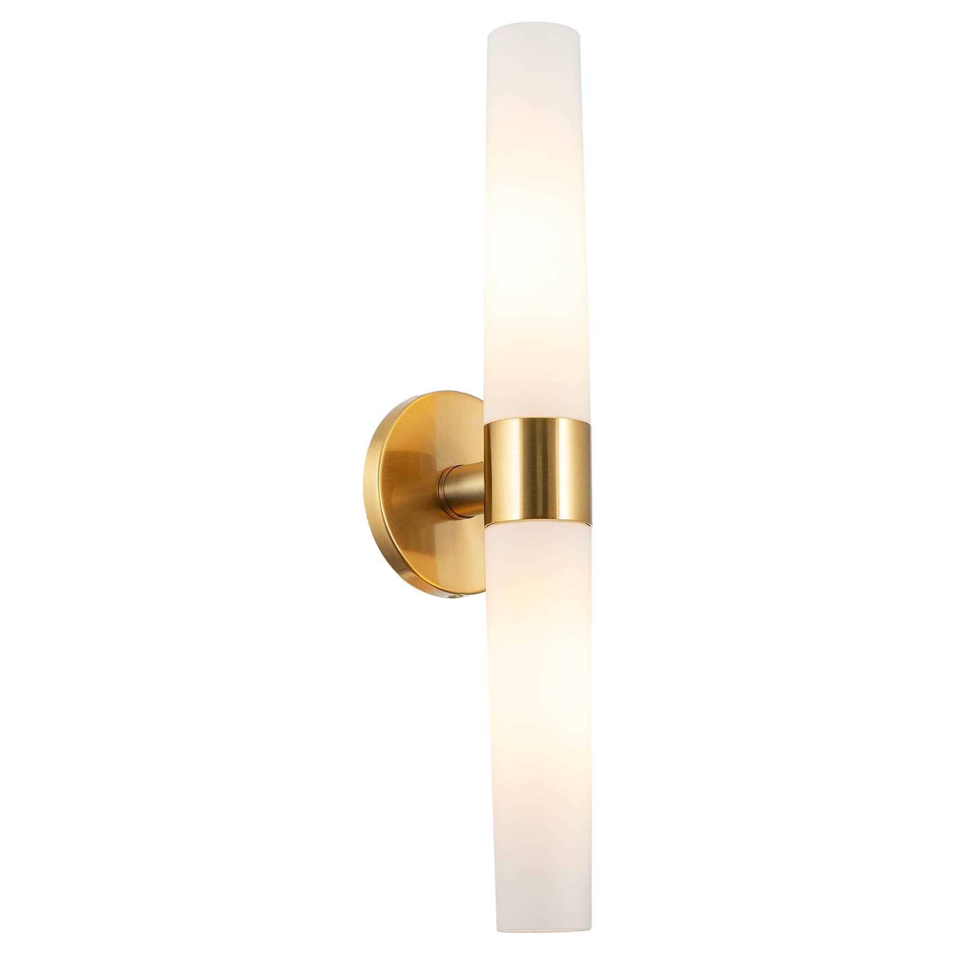 Kira Home 21in 2-Light Wall Sconce, Metal, Tapered Frosted Glass Shades, Cool Brass Finish, Model RV-W131-1747-CB
