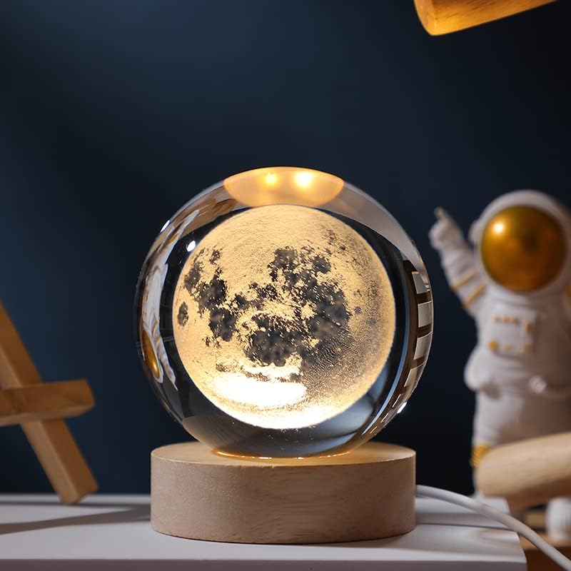 JANARARY 3D Galaxy Crystal Ball Night Light with Color Changing LED Base, Moon Model, Small Size