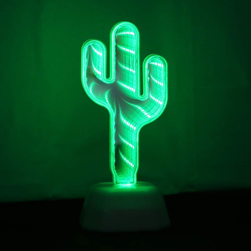 Chi-buy 3D Mirror Tunnel Lamp, Cactus LED Night Light, Green Plastic Desktop Decor