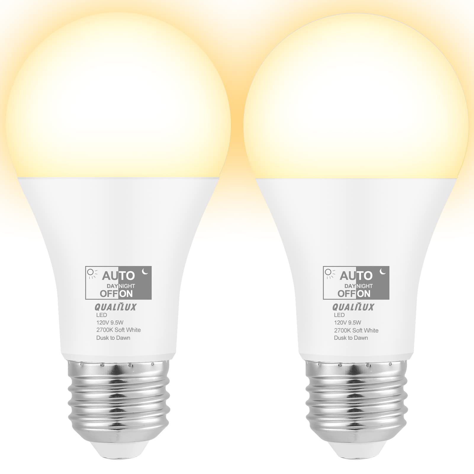 Qualilux Dusk To Dawn Light Bulbs 850Lm, 60W Equivalent, Soft White, Led 9.5W, A19, E26 Base, 2-Pack, Hq-H015