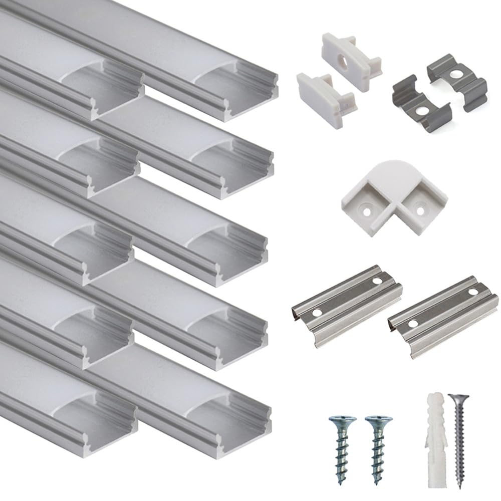 hunhun 10-Pack 3.3ft/1Meter U Shape LED Aluminum Channel System with Milky Cover, End Caps and Mounting Clips, Aluminum Profile 