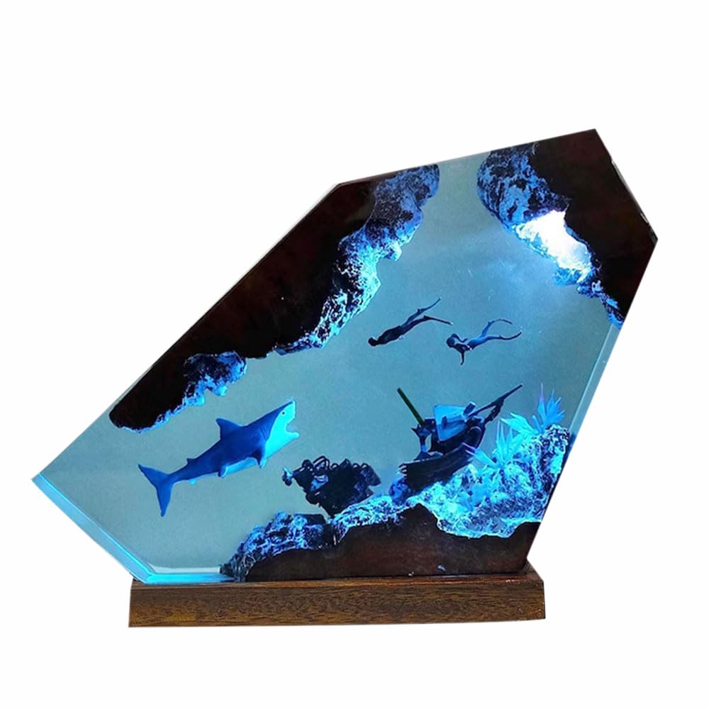 Shark Ocean Resin Lamp  Handmade Wooden Table Resin Night Light  Usb Port Art Ornaments For Home Office Decor  Scuba Diver Gifts For Birthday Holiday  ValentineS Day Gifts For Husband