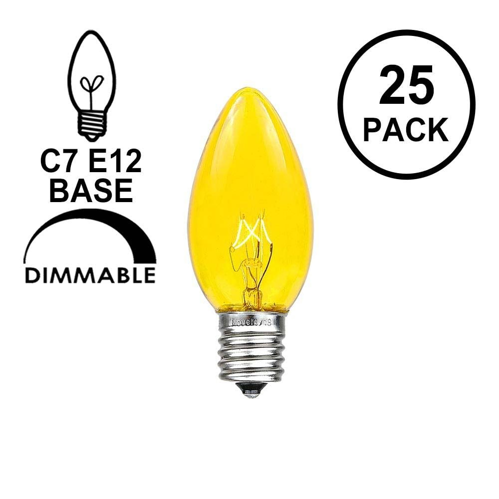 Novelty Lights Christmas Replacement Bulbs - C7/E12, 5 Watt, Yellow, 25 Pack, Glass, Outdoor Use for Events and Holiday Parties