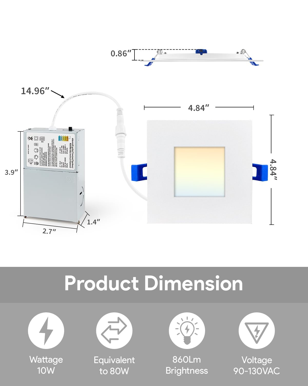Adetu 4 Inch Square Led Recessed Lighting 5Cct Led Recessed Light With Junction Box,2700K-5000K Selectable,10W 860Lm Brightness,