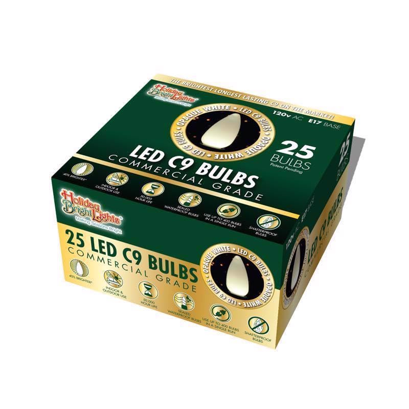 Holiday Bright Lights LED C9 Christmas Light Bulbs, Smooth Ceramic, 25 Lights, 2 in., White, Model BU25LEDSC9-OWHA