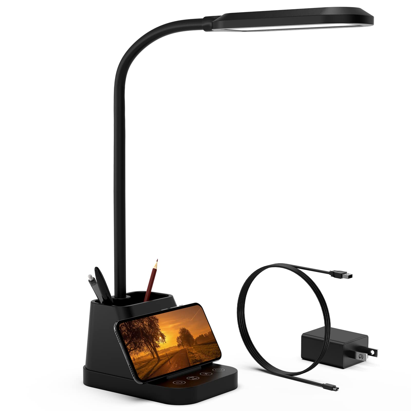 Led Desk Lamp With Usb Charging Port, Small Desk Lamps For Home Office, Axx Desk Light For Bedrooms, Black Office Lamp For Small