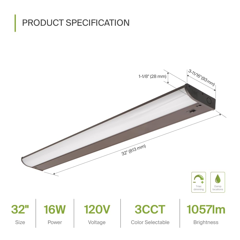 Asd Led Under Cabinet Lighting Bronze, 32 Inch 16W 1057 Lm, Dimmable Hardwired Under Cabinet Lights For Kitchen, 3000K/4000K/500
