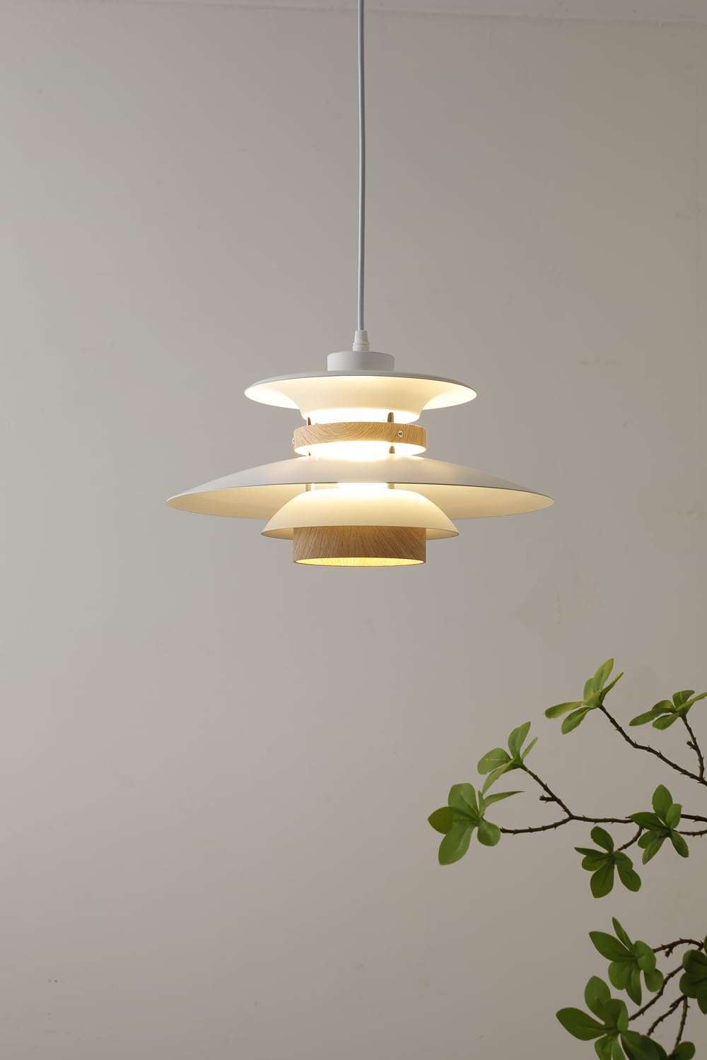 EFINEHOME Modern Pendant Lamp, 1-Light E26 Ceiling Light, Aluminum & Wood, 35cm, White & Light Wood Grain, Model EFLM22385H