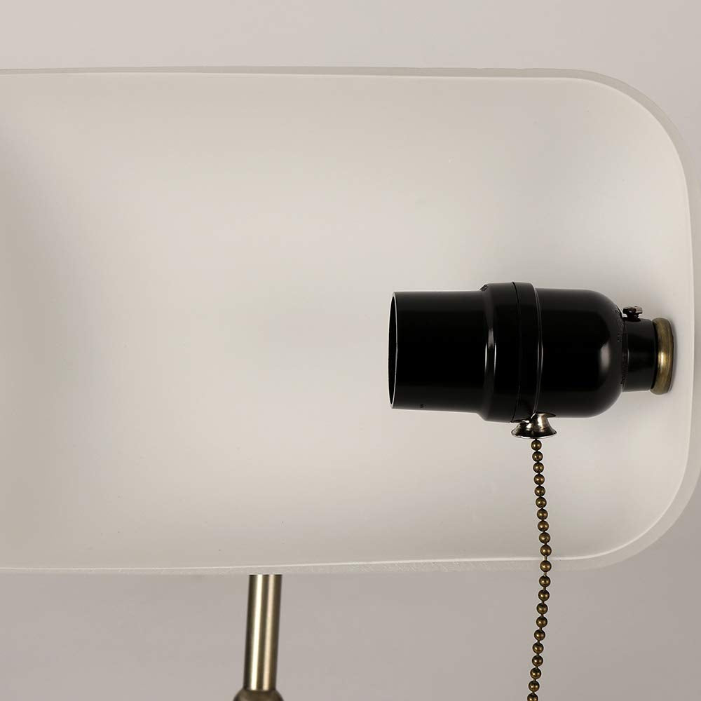 Newrays Glass Bankers Desk Lamp, Satin Brass Finish, Classic Size, White, Model YY-T9007W