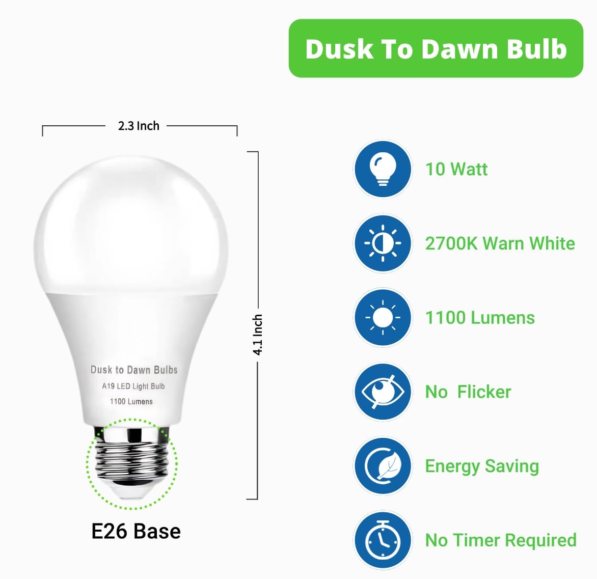 4 -Pack Dusk To Dawn Light Bulbs Outdoor,75 Watt Equivalent, Sensor 10W A19 Led Light Bulb,2700K Warm White 1100 Lumens, Auto On