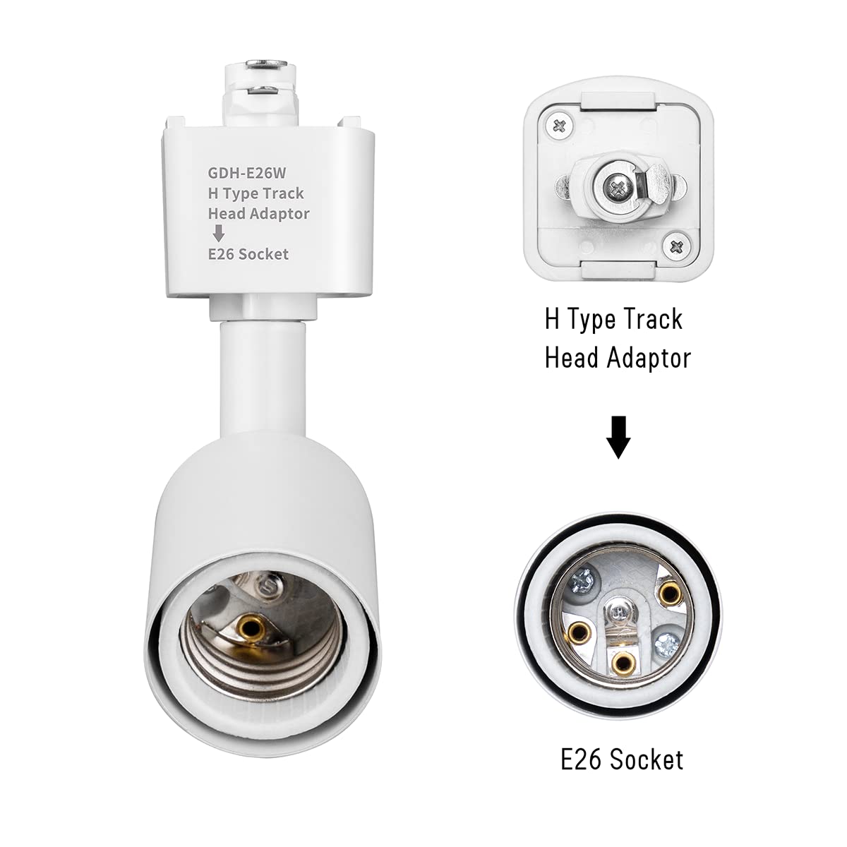 Mirrea H Type Track Lighting Head To E26 Medium Screw Base Adapter Light Direction Adjustable Pack Of 3 (White)