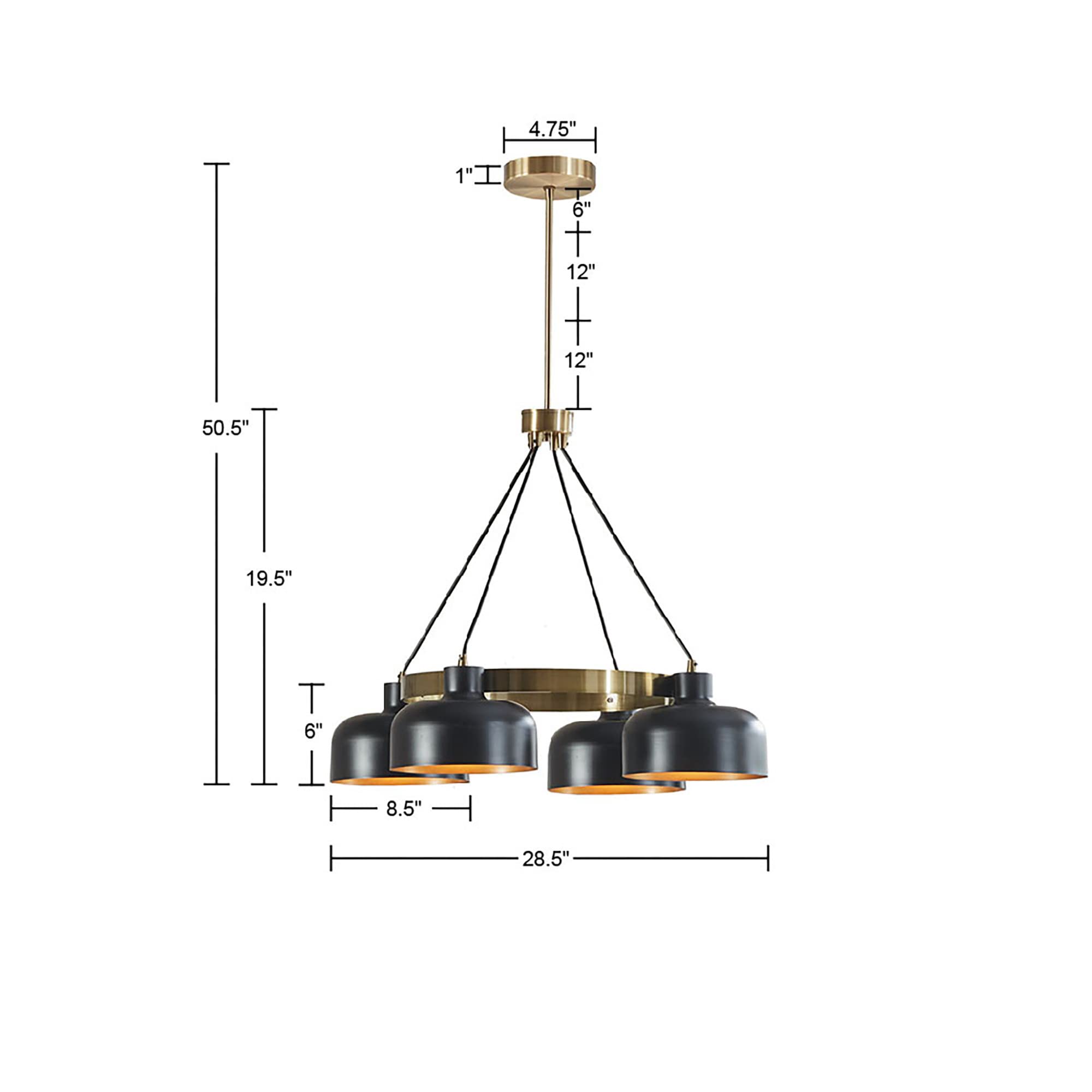 INK+IVY Abbott Chandelier, Adjustable Rod, 4 Bulbs, Iron, 28.5inDia x 26.5inH-50.5inH, Black/Gold, Model
