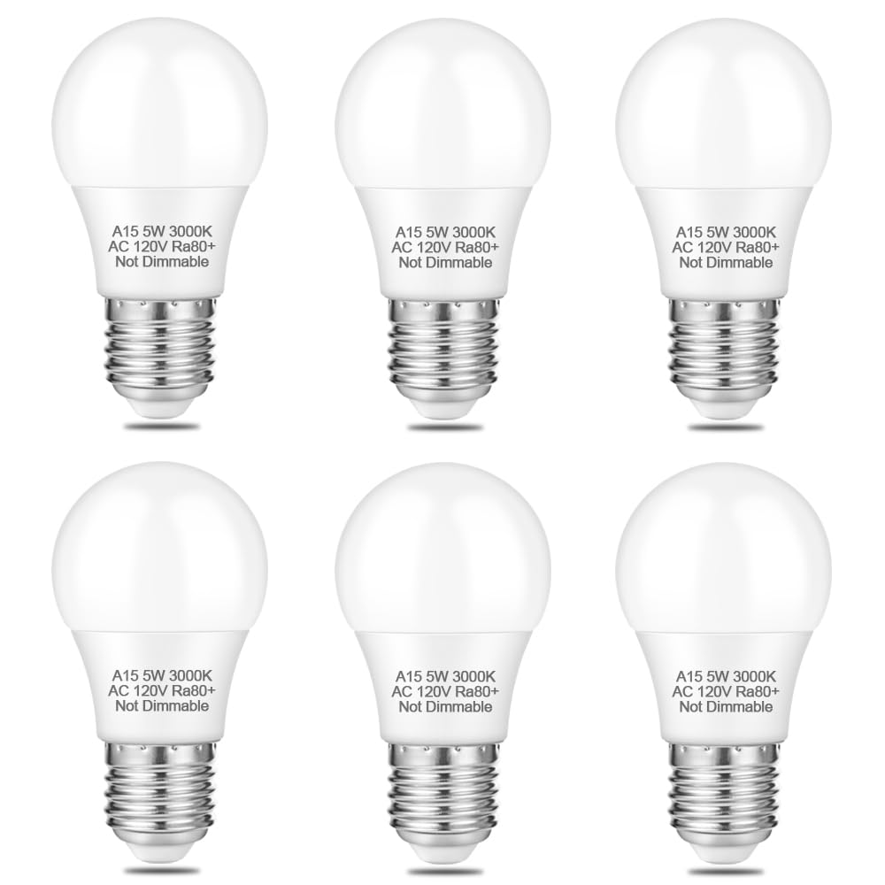 Neteha 6 Pack A15 5W 120V E26 Base Led Refrigerator Light Bulb, Non-Dimmable 50W Equivalent 3000K Warm White Led Appliance Light