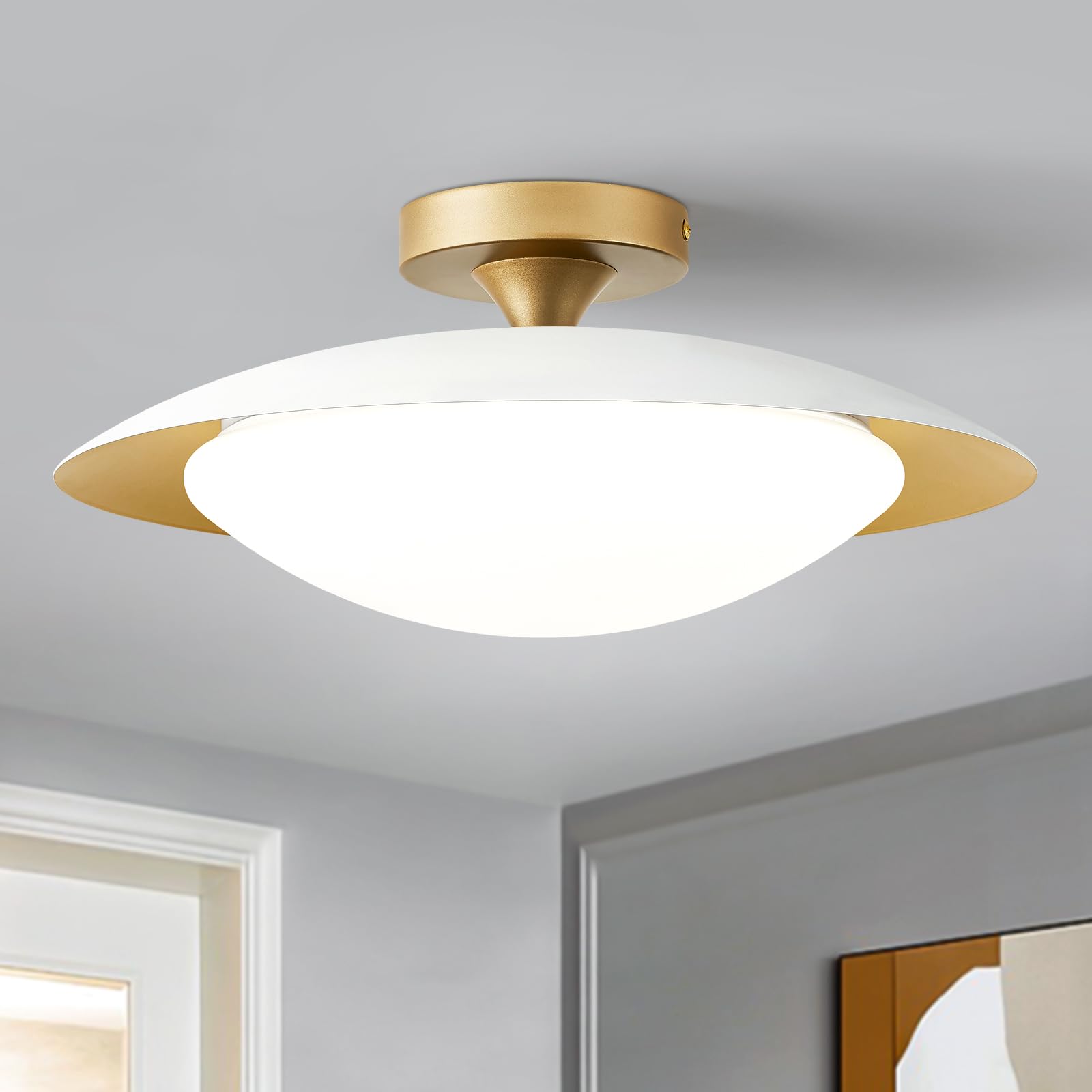 Dimmable Modern Mid-Century Ceiling Light  White and Gold LED Semi Flush Mount Ceiling Light  5CCT 2700K-6000K Lighting Fixture Ceiling Lamp with Acrylic Shade for Bedroom Kitchen Living Room  15.8in-New