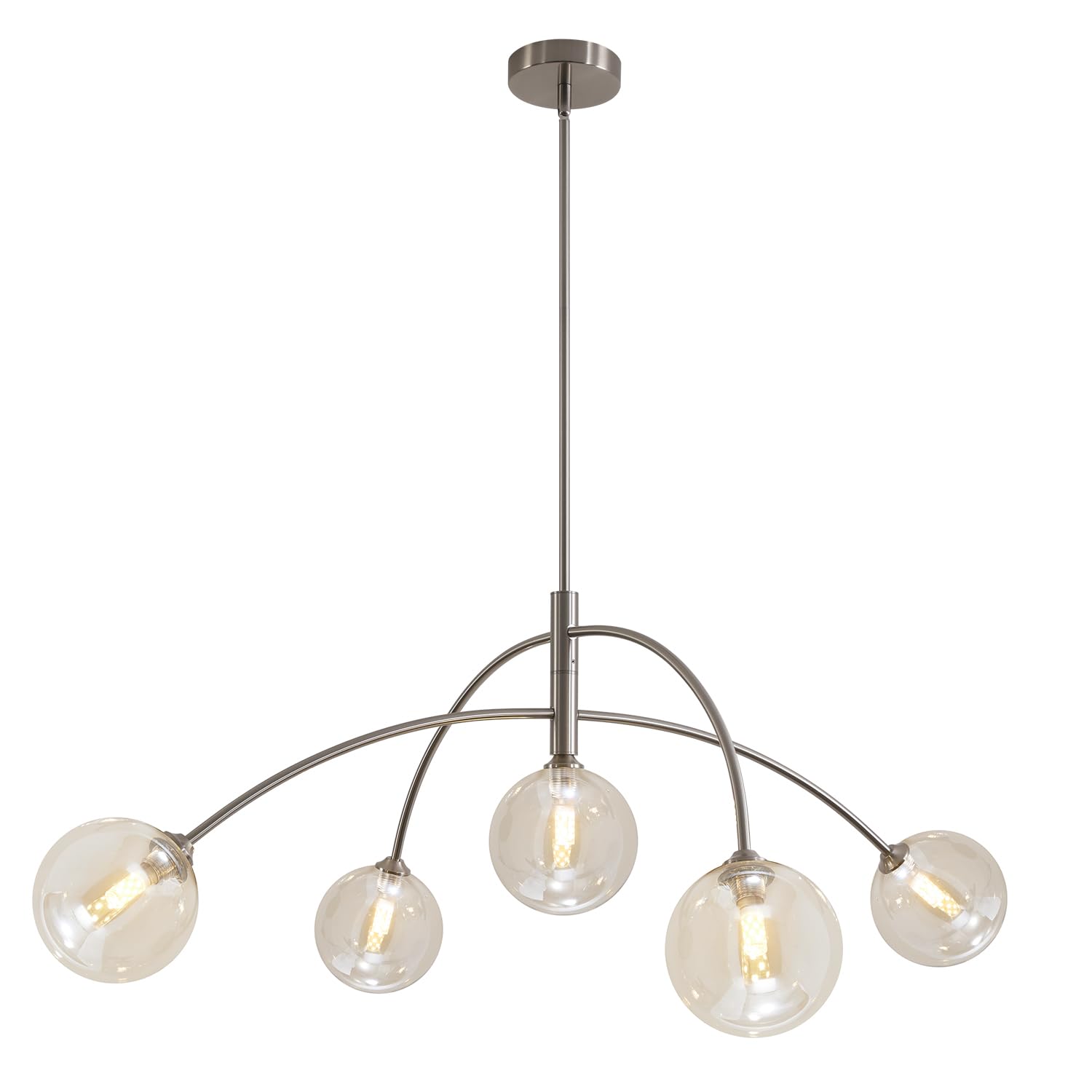 Fulesi Mid Century Modern Sputnik Chandelier With Glass Globe Cognac Shade Adjustable 5 Light Silver Chandelier For Dining Room 