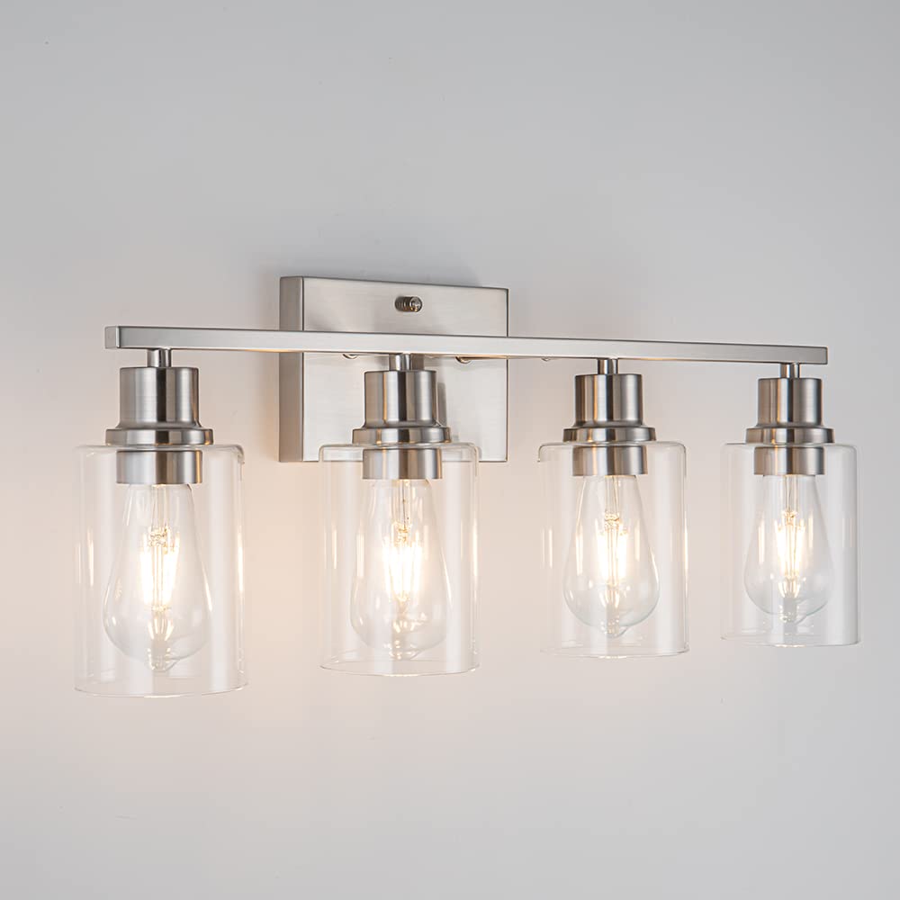 Emong Brushed Nickel Bathroom Light Fixtures, 4-Light Vanity Lights With Clear Glass Shade, Wall Sconces For Hallway, Farmhouse,