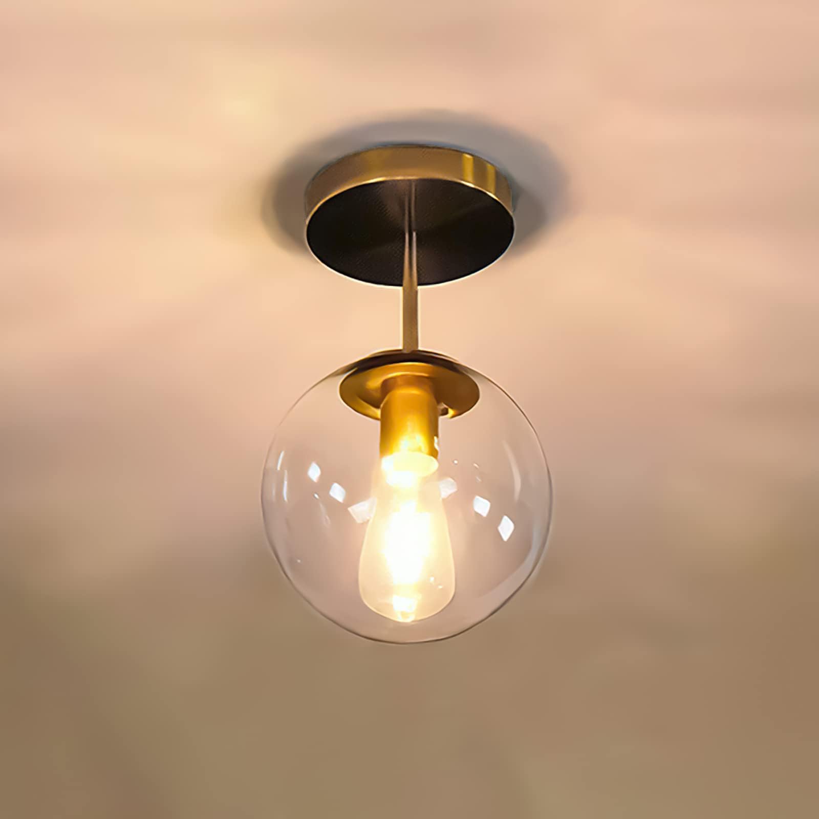 Gold Semi Flush Mount Ceiling Light Globe Ceiling Light Brass Finish With Clear Glass Shade, Contemporary Mid Century Modern Sty