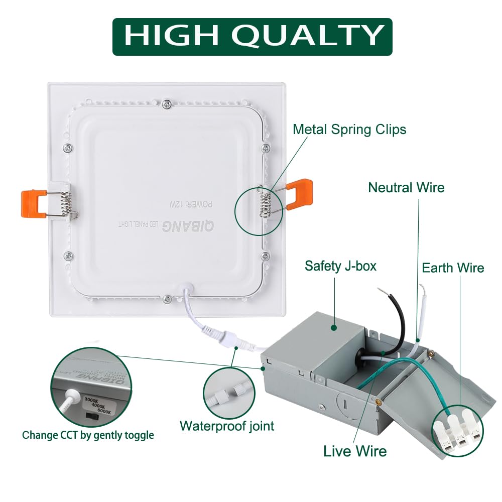 Qibang Square Led Recessed Lighting 6 Inch Dimmable With Junction Box,3Cct 3000K-4000K-6000K,1100Lm Cri90+ 12W Ultra-Thin Led Re