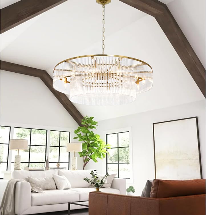 Akeelighting Modern Glass Chandelier - Large Brass Hanging Light Fixture for High Ceilings, Model AK004-1000CO, 39"