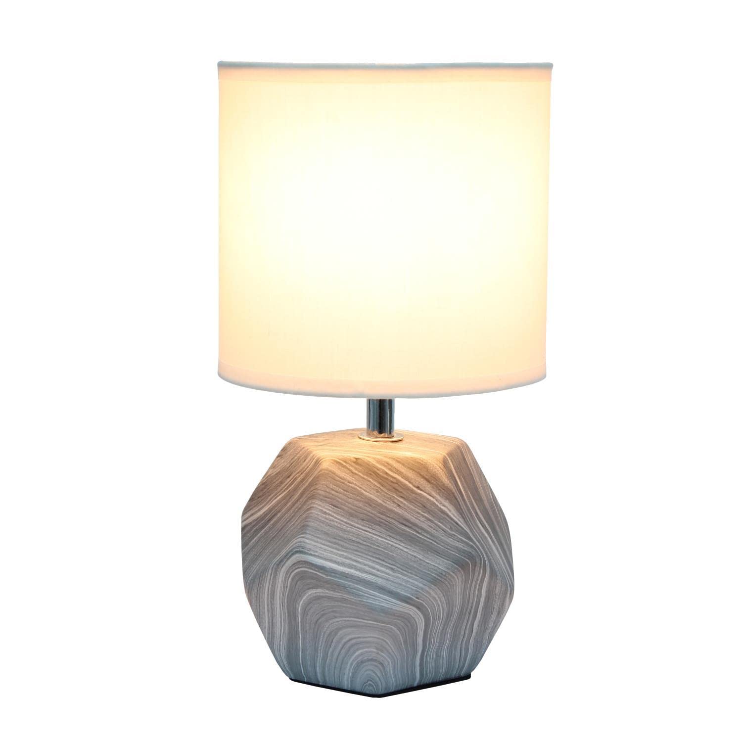Simple Designs Lt2065-Mbl Round Prism Mini Table Lamp With White Fabric Shade, Gray Marble