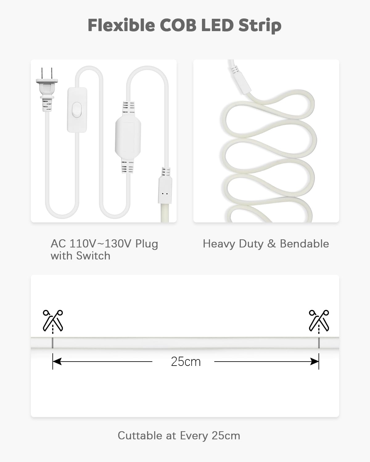 Alitove 110V 120V Led Strip Lights Waterproof 16.4Ft Cob Style Super Bright Daylight White Led Strip Lights 6000K Cri90+ For Indoor Outdoor Home Commercial Lighting(No Remote Version)