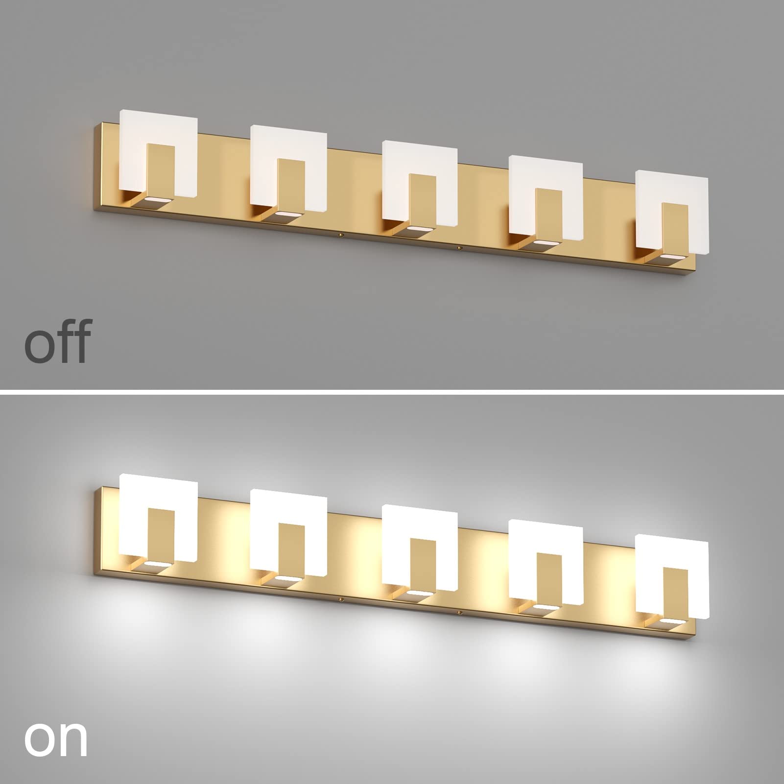 Aipsun Gold LED Bathroom Vanity Light Fixture, 5 Lights, Aluminum, Model GW-1105-5T-Gold, Modern Up and Down Wall Lighting