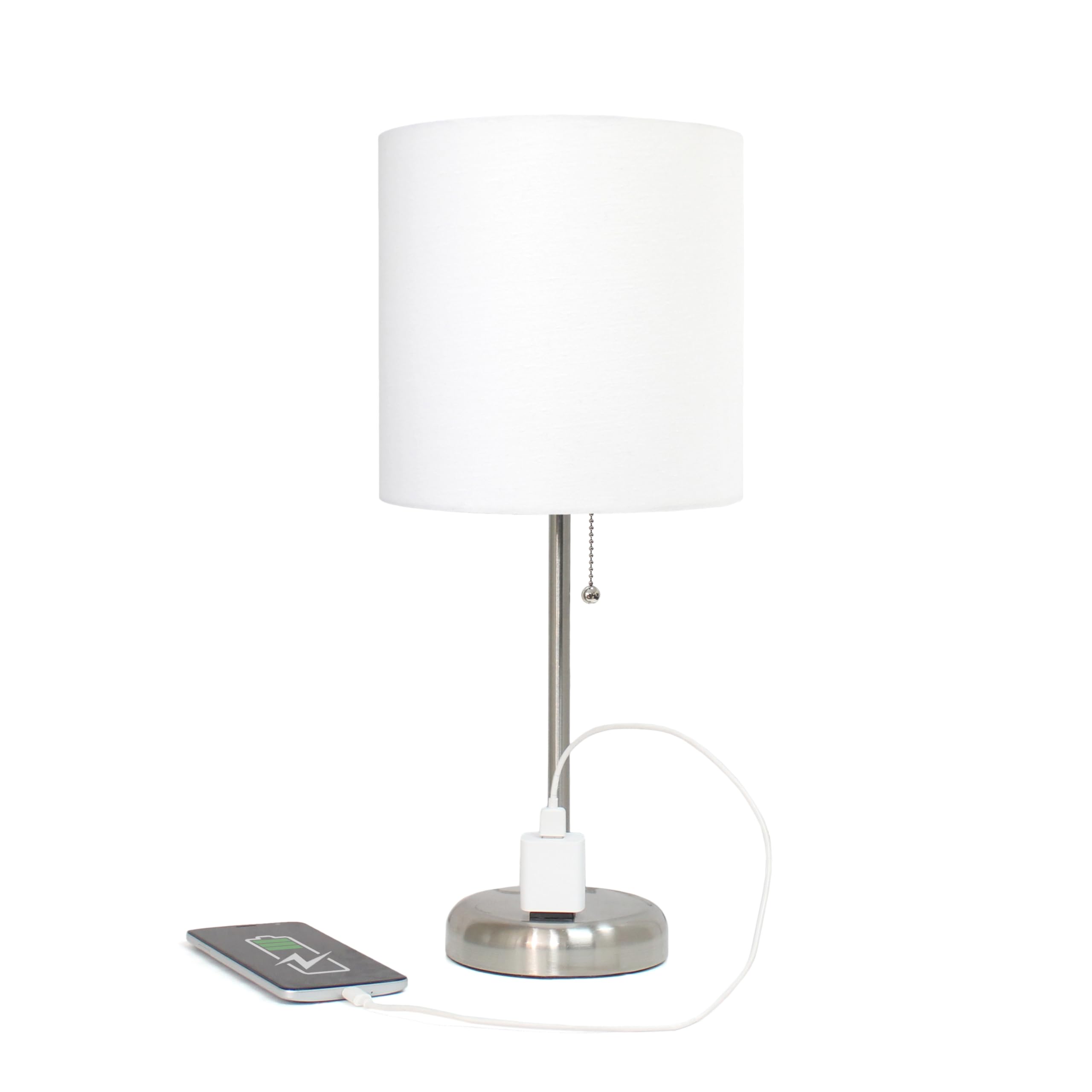 Simple Designs LT2024-WHT Table Lamp Pack of 2, Brushed Steel/White with Charging Outlet and Drum Fabric Shade
