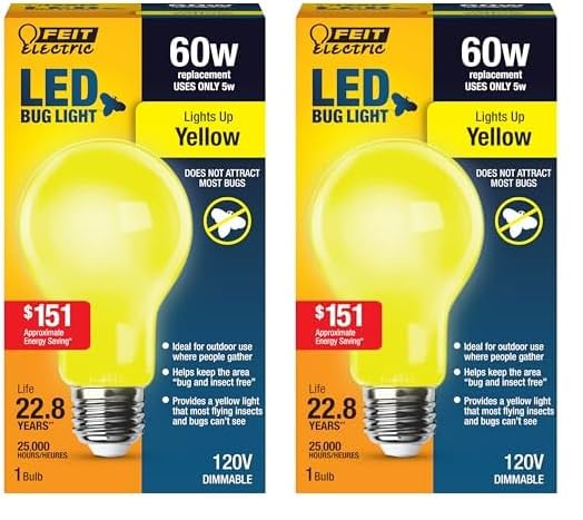 Feit Electric A19/BUG/LED Outdoor Bug Light 60-Watts Equivalent Non-Dimmable LED Light Bulb, E26 Medium Base, Yellow, Pack of 2