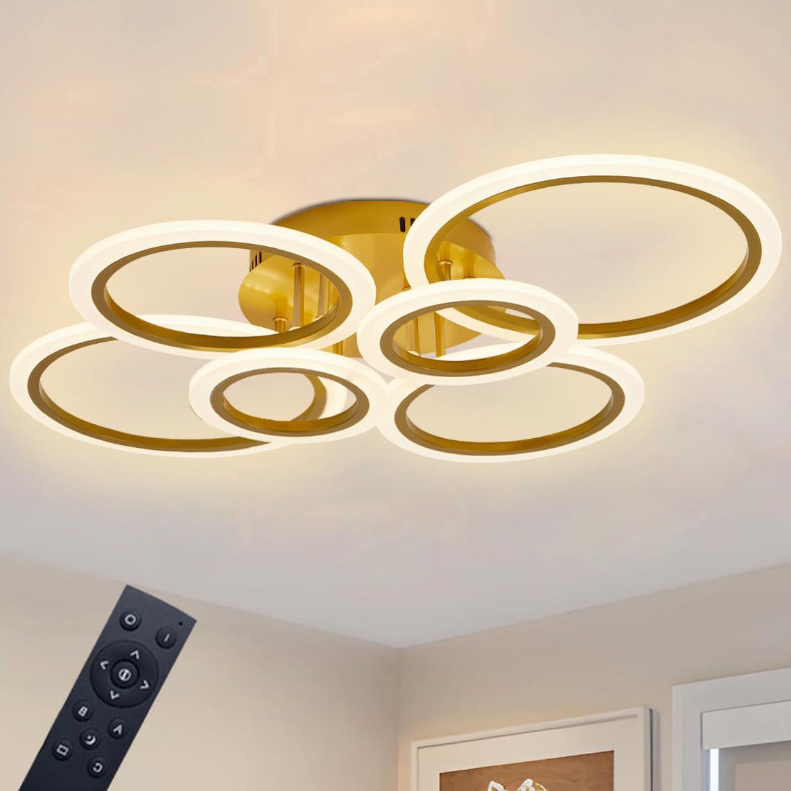 Cyaruy Modern Gold Flush Mount Ceiling Light Fixture With Remote, 3000K-6500K Dimmable, 6-Ring Round Led Chandelier Ceiling Lamp