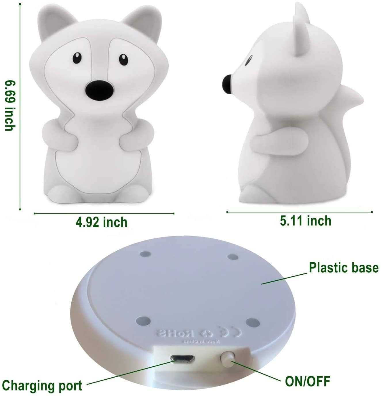 Tianhaixing Animal-Shaped Night Light, Rechargeable LED Silicone Lamp, Adjustable Brightness, 9 Colors, Big Fox, White