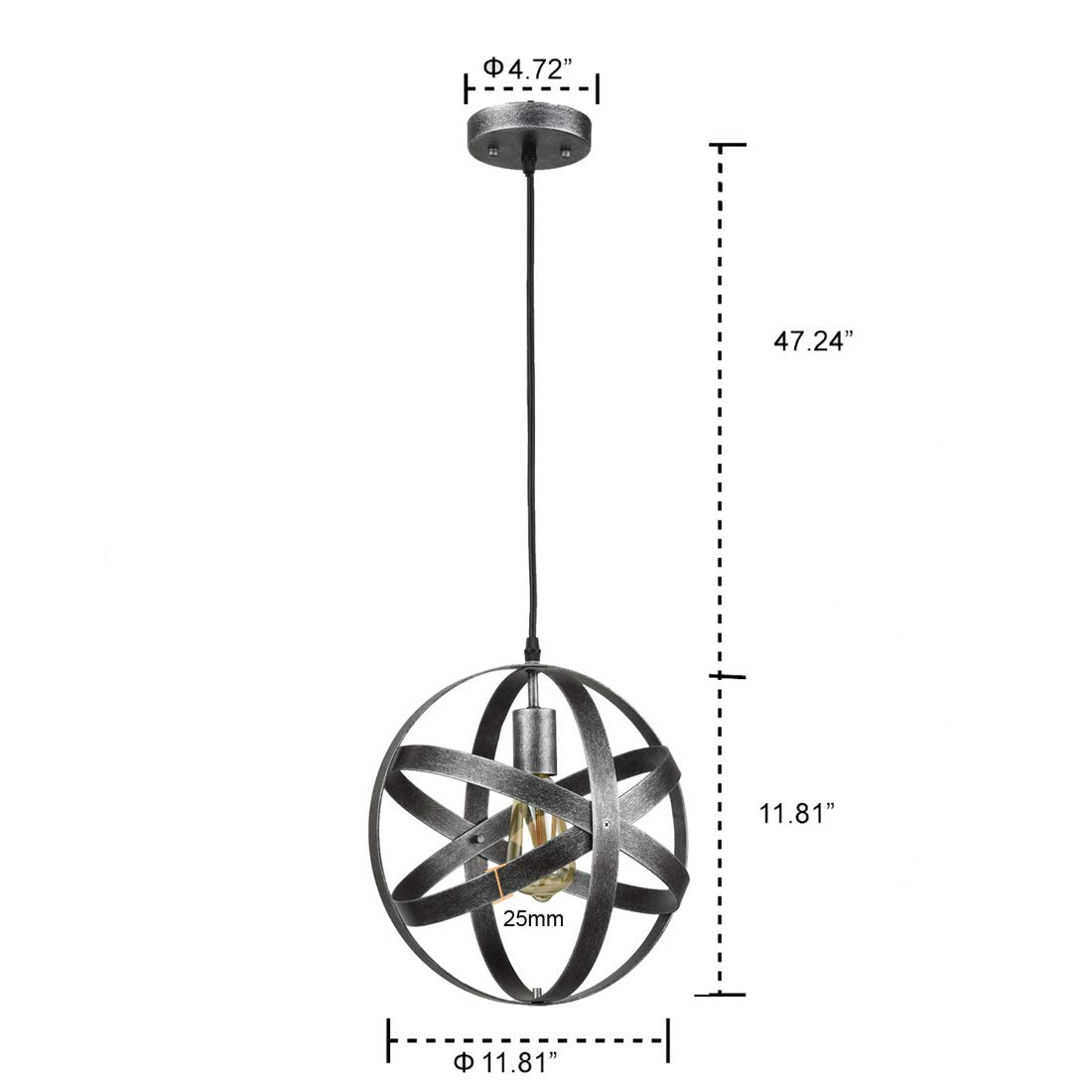 AXILAND Industrial Metal Pendant Light Fixture, Antique Silver, Model TR12028U, Changeable Hanging Design