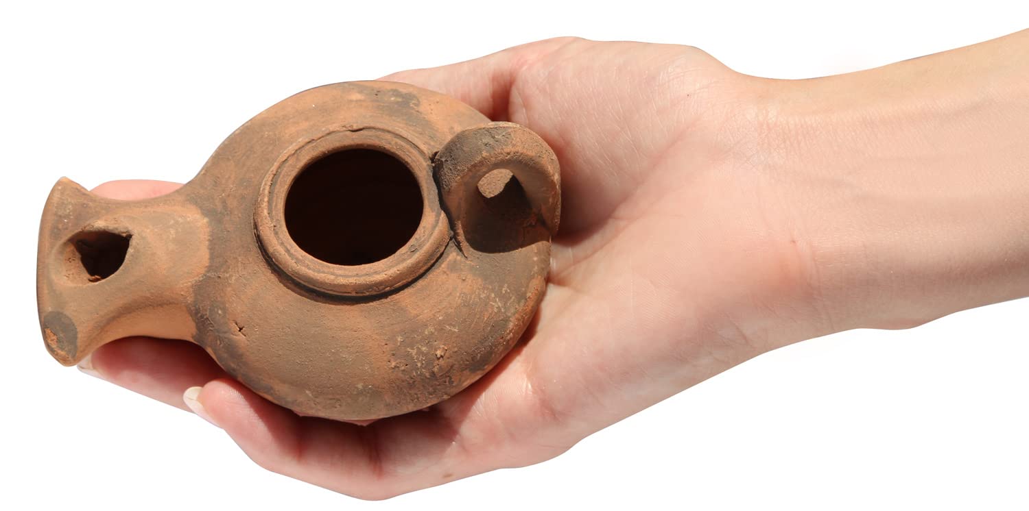 THE JERUSALEM GIFT SHOP Clay Oil Lamp Replica - Herodian Brown with Handle, Model HOL, Certificate of Authenticity, Judaica/Christian Gift