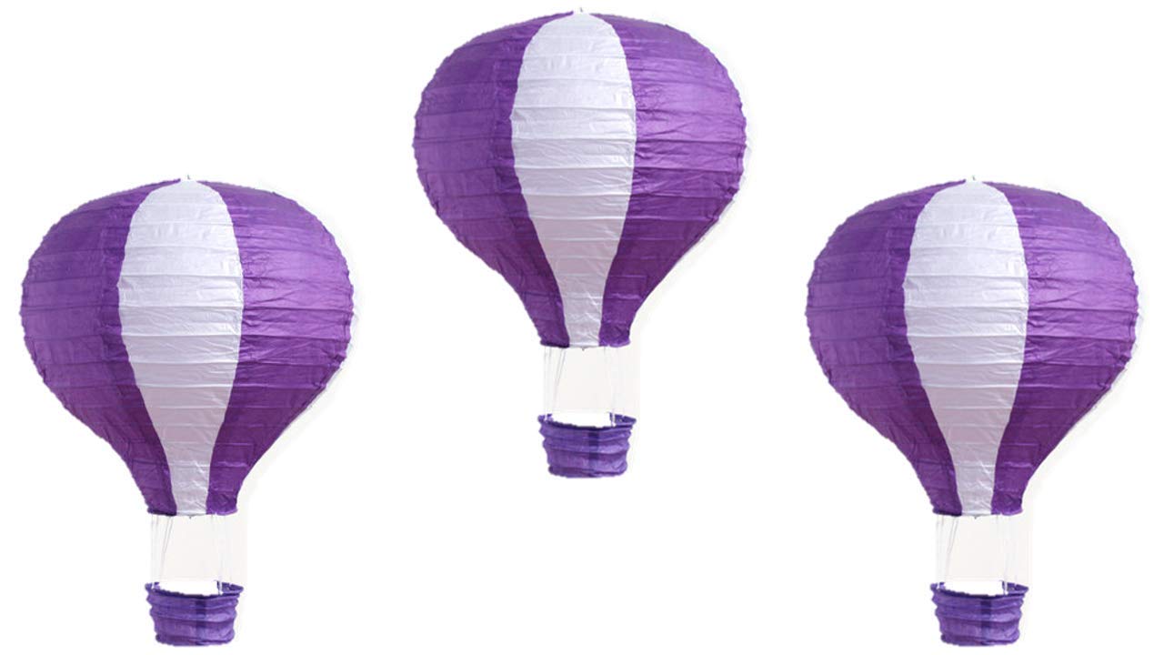 Pack Of 3 Stripy Hot Air Balloon Paper Lantern Wedding Party Decoration Craft Lamp Shade (Purple, 10'' (25Cm))