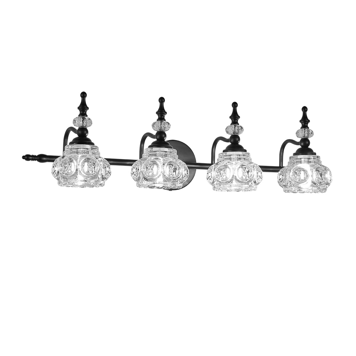 Zilanl 4-Light Vanity Light Fixture - Black Vintage Bathroom Lighting With Crystal Glass Shade