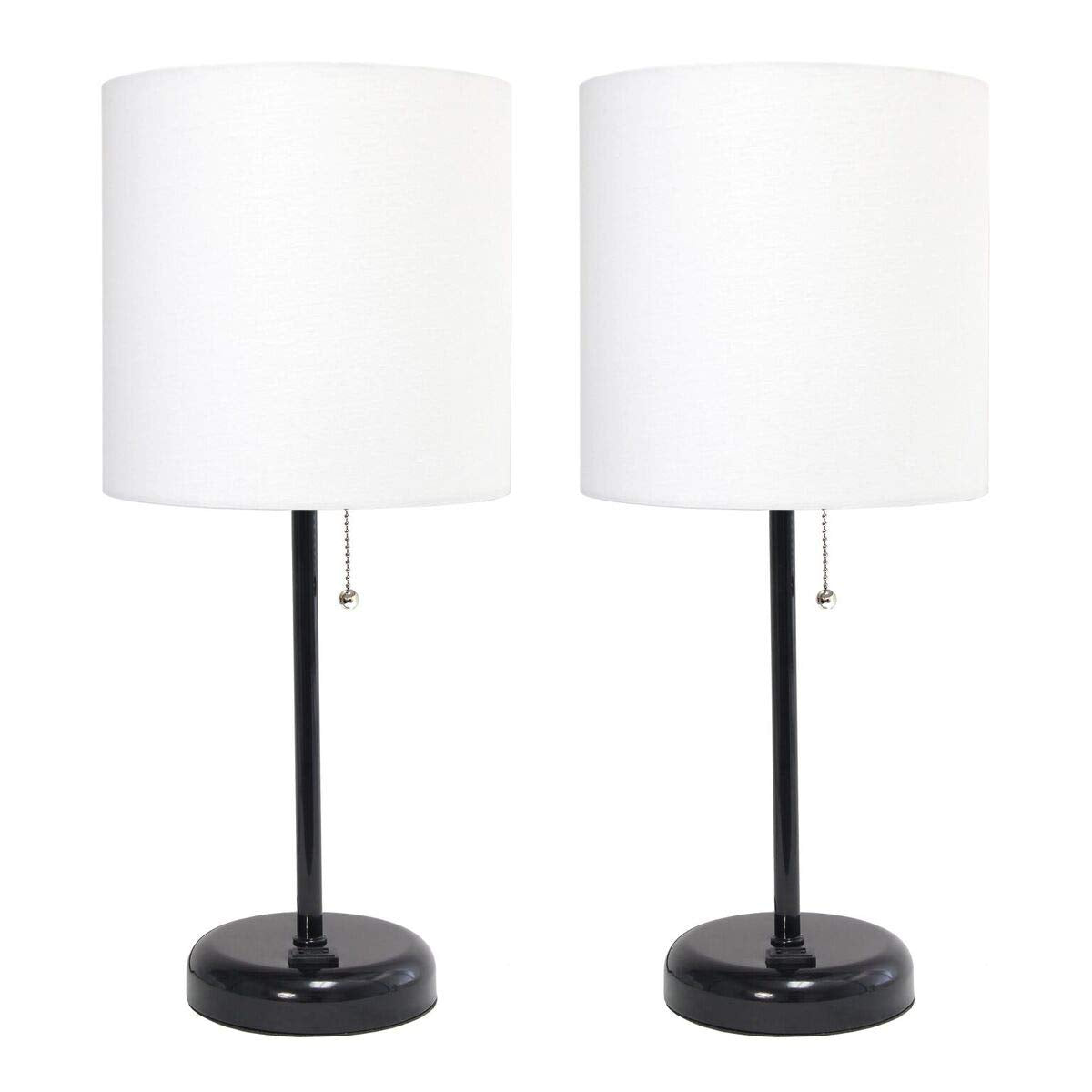 Limelights LC2001-BAW-2PK Black Stick Table Lamp with Charging Outlet & Fabric Shade44; White - Set of 2