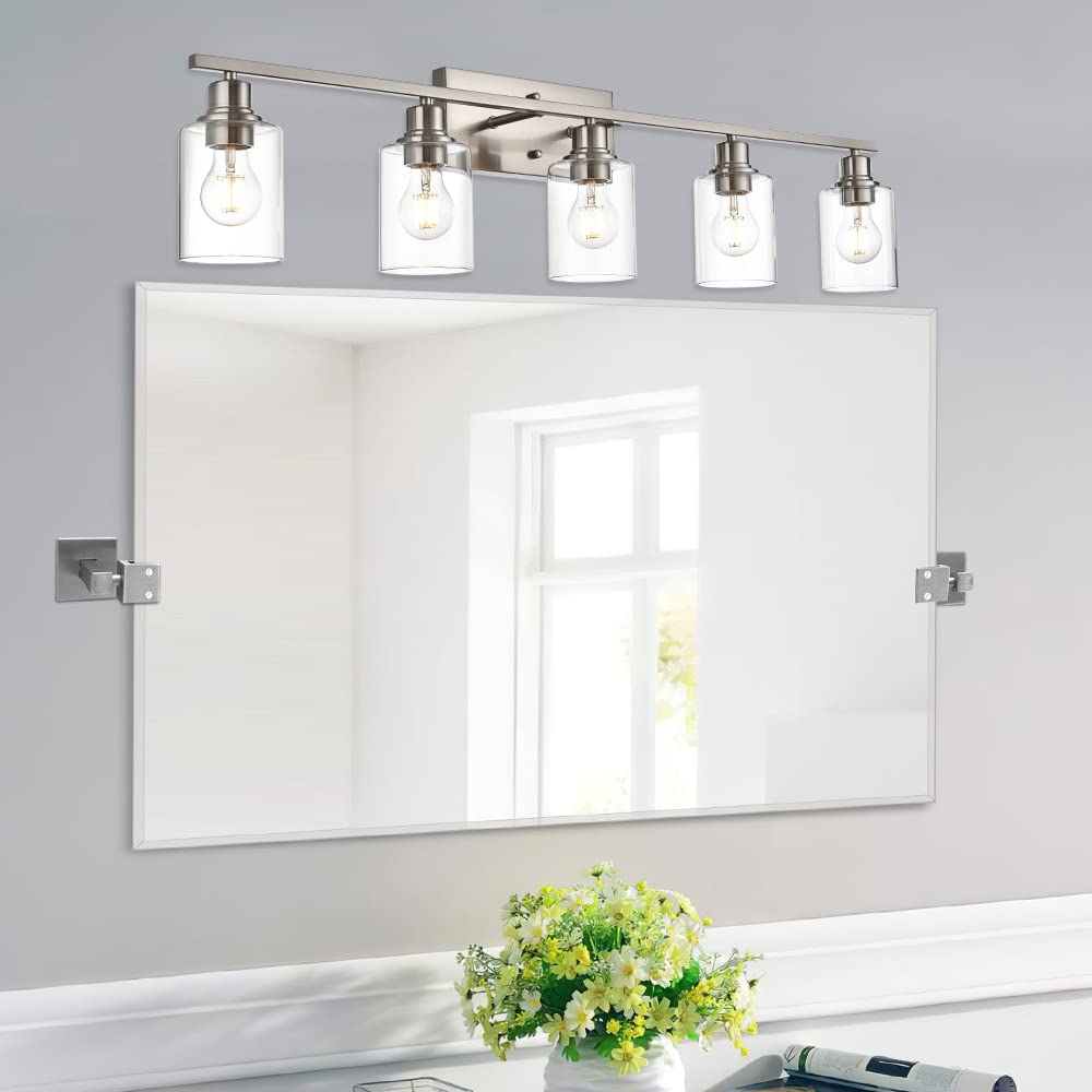 VINLUZ 5-Light Bathroom Vanity Light Fixture, Brushed Nickel, Clear Glass Shade, Indoor Wall Sconce for Living Room, Bedroom, Hallway