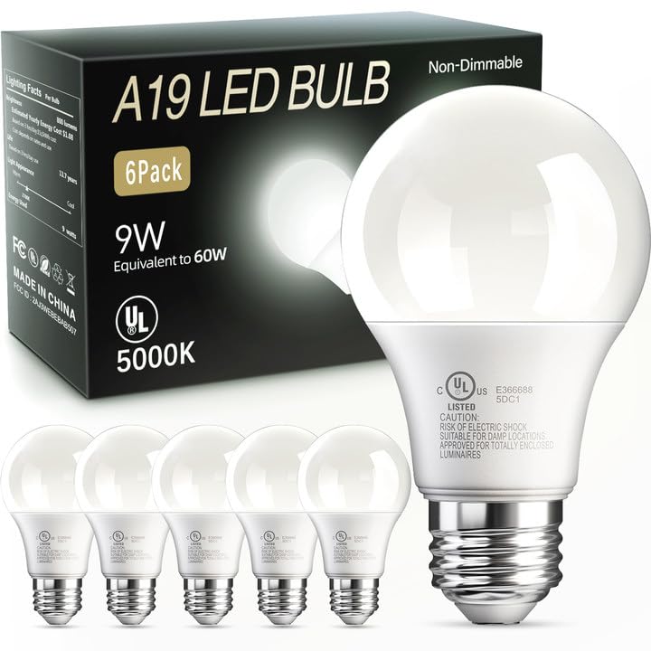 TJOY 6 Pack A19 LED Light Bulbs, 60 Watt Equivalent LED Bulb, Efficient 9W, Daylight 5000K, E26 Standard Base, Bright White Light Bulb, Non Dimmable, Energy Saving, 800LM, 80 CRI, 120V, UL Listed