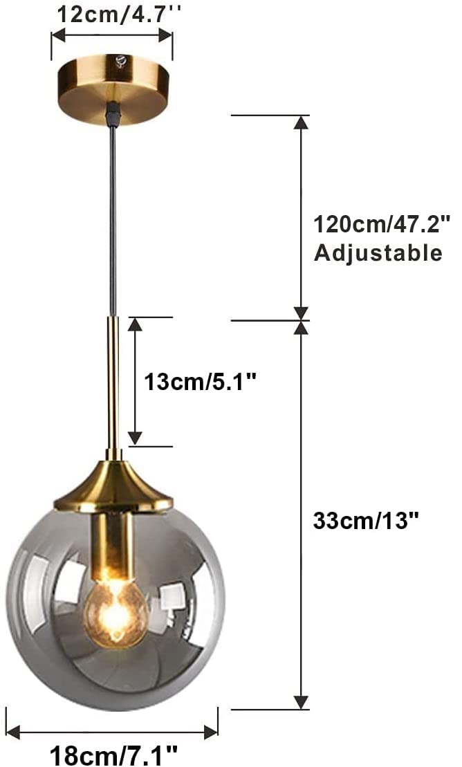 KCO Lighting Modern Pendant Light, 1-Light Globe, Smoke Gray Glass, Brushed Brass, Model L1097-S, Adjustable Fixture for Living Room/Kitchen Island