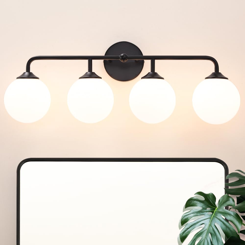 4-Lights Black Vanity Lights With Milky White Globe Glass Shade  Industrial Bathroom Wall Sconces Light Over Mirror  Vanity Lighting Fixture For Bathroom Dressing Table Bedroom Living Room