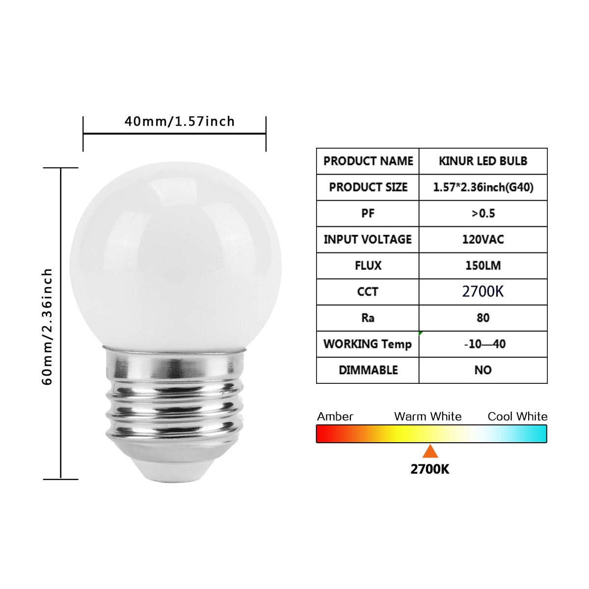 Kinur G40 Small Low Wattage Led Edison Bulb 2700K 2 Watt-15 Watt Equivalent, E26 Base Low Watt Soft Warm Light Bulbs For Healthy