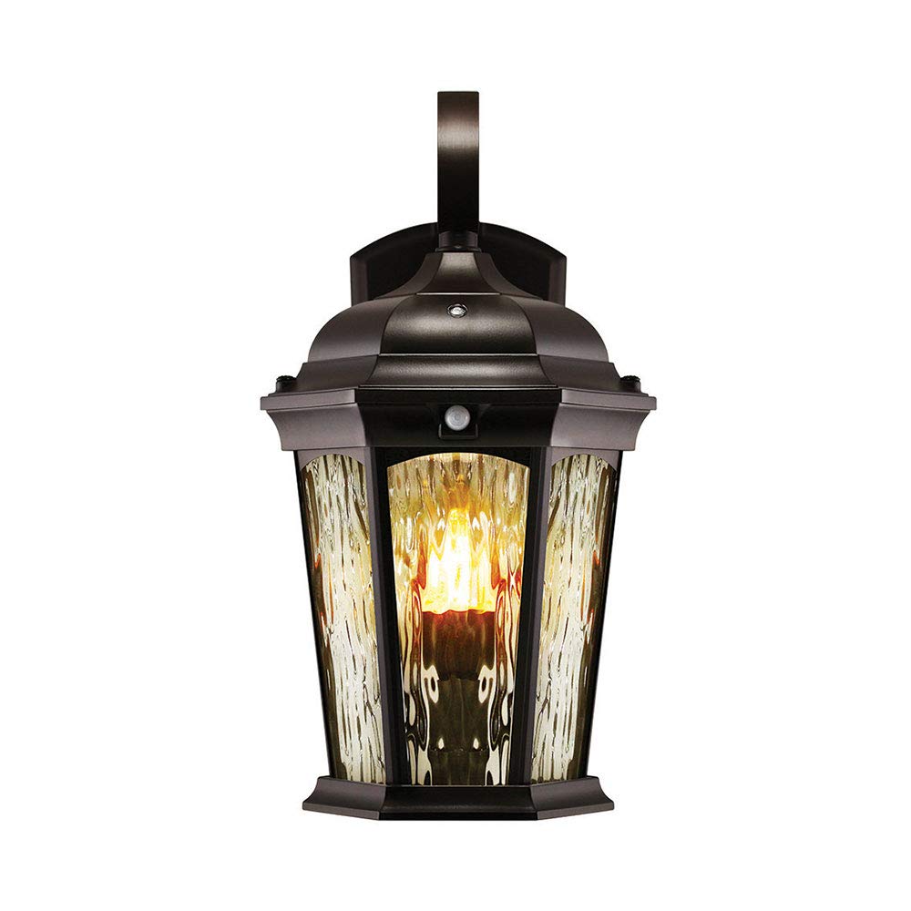 Euri Lighting Efl-130W-Md Flickering Flame Lantern, Water Glass, With Integrated Security Light (3000K), Photocell And Motion-Se