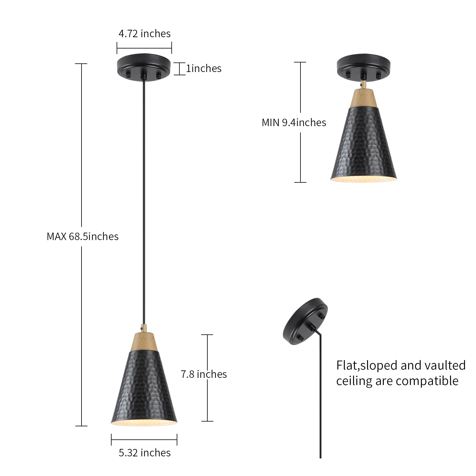 Dijiahua Black Kitchen Pendant Lighting Over Island 3 Pack,Small Modern Farmhouse Chandeliers With Hammered Metal Cone Shade,Min