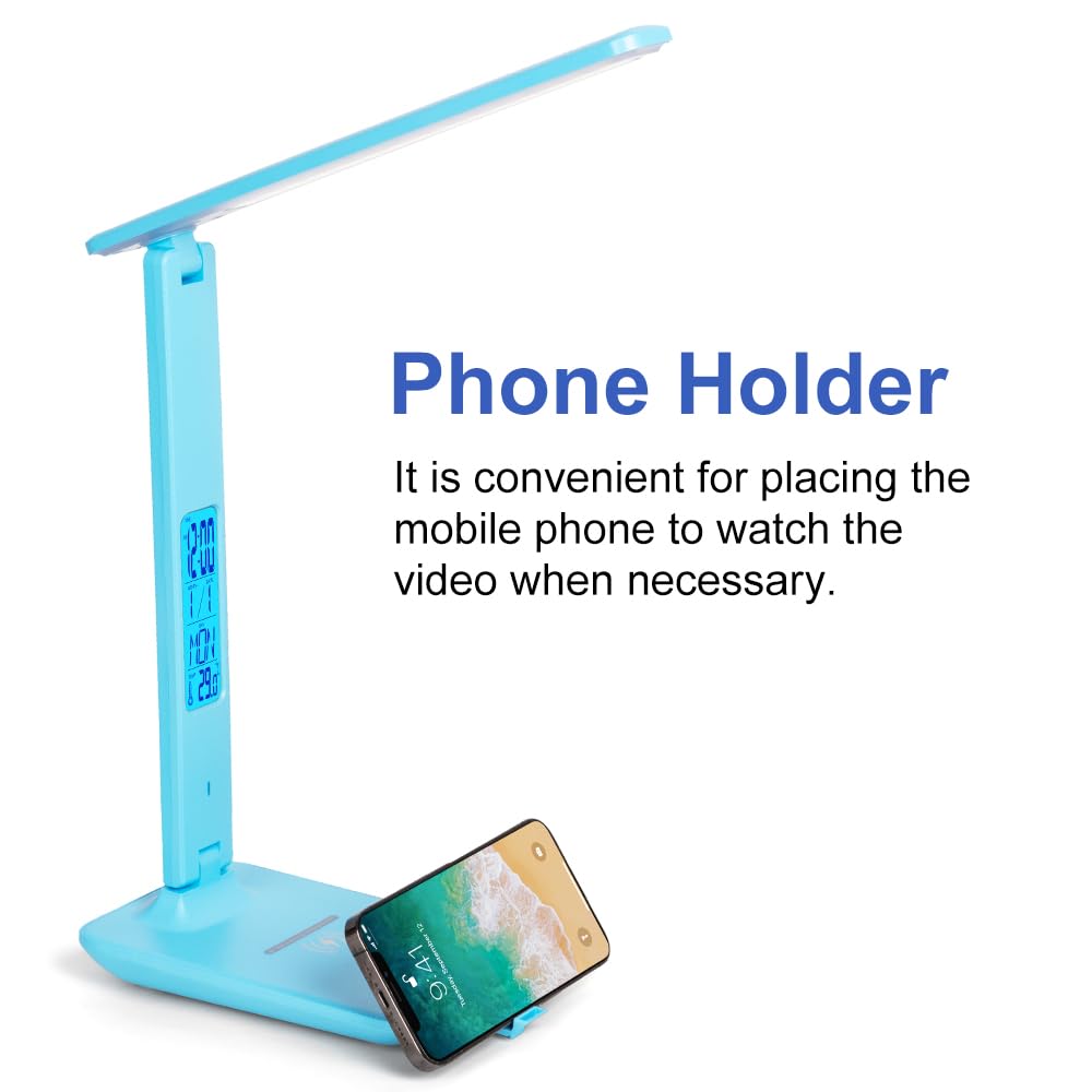 wanjiaone LED Desk Lamp with Wireless Charger, USB Port, Clock, Phone Holder, Blue, Model TX26C0