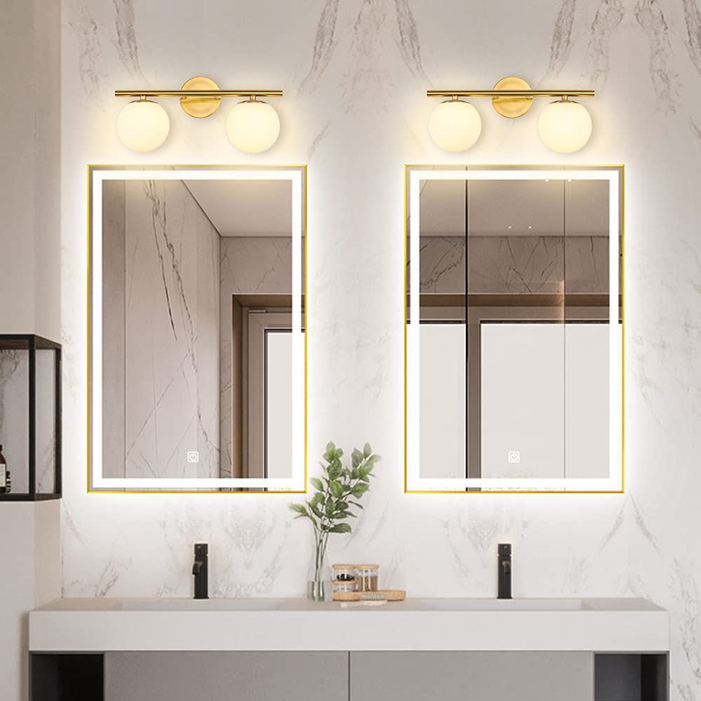YHTlaeh Bathroom Vanity Light Fixtures, 2 Lights, Brushed Brass, Milk White Globe Glass Shade, Model 7710, 15 Inch