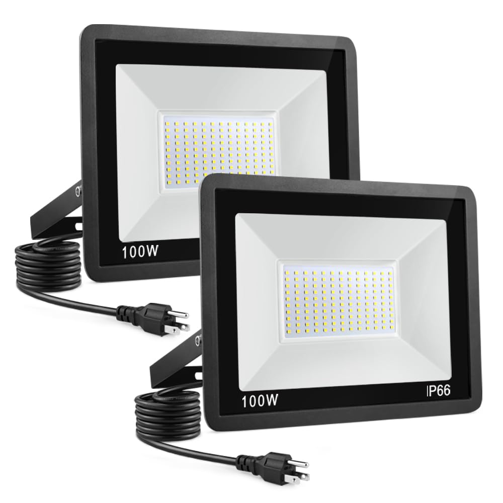 WuliFun 100W LED Flood Light Outdoor  2Pack 10000LM Super Bright  IP66 Waterproof Outside Work Lights  6500K Daylight White Security Lights  Plug in Flood Light for Yard Garage Garden Patio