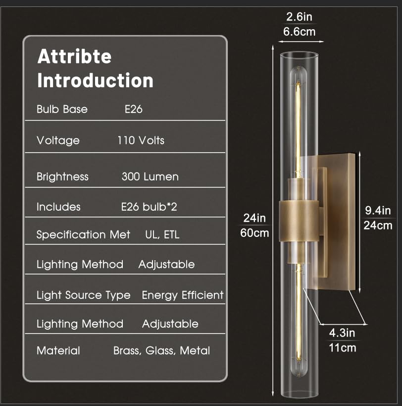 Zhtiechui Brass Wall Sconces Set Of Two, 22.8'' Sconces Wall Lighting 2-Light, Gold Bathroom Vanity Wall Sconces, Glass Tube Wal