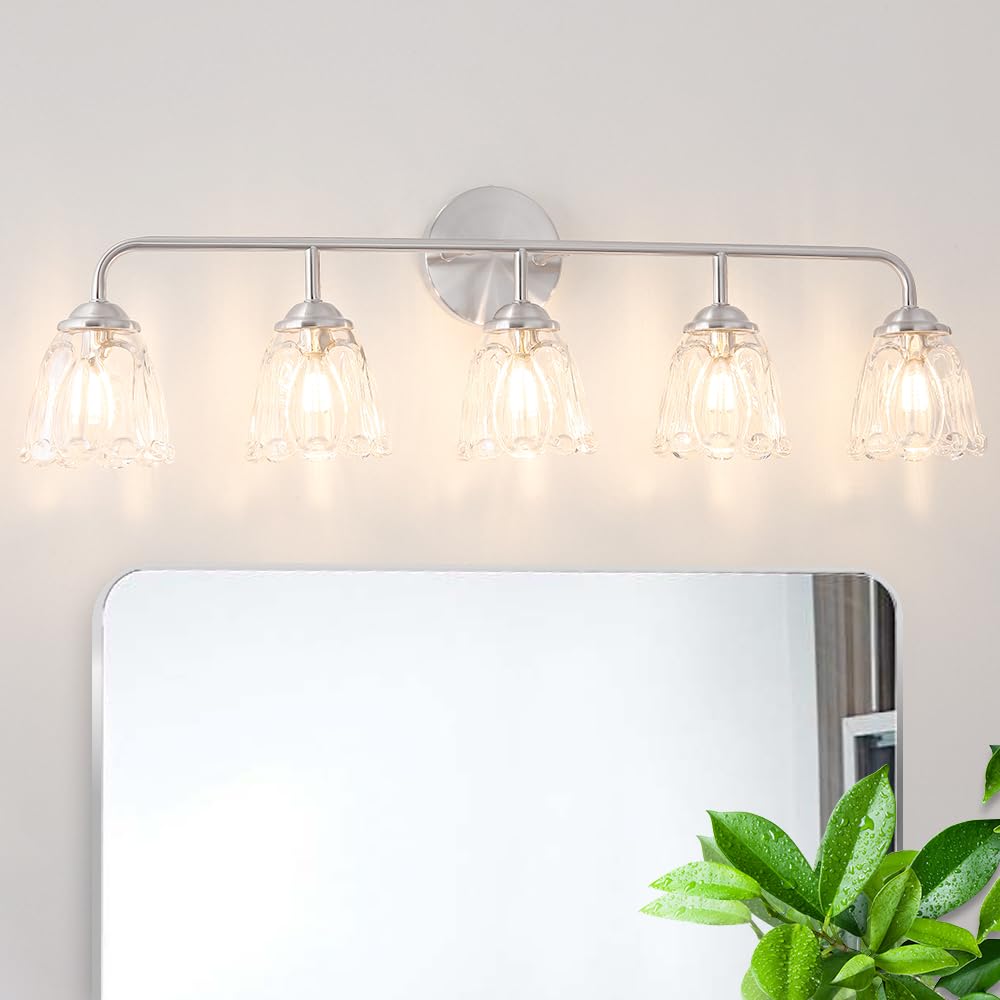 Vintage Vanity Light For Bathroom, Elegant Bathroom Vanity Light With Flower Glass Shade, Brushed Nickel 5-Light Bathroom Lighti